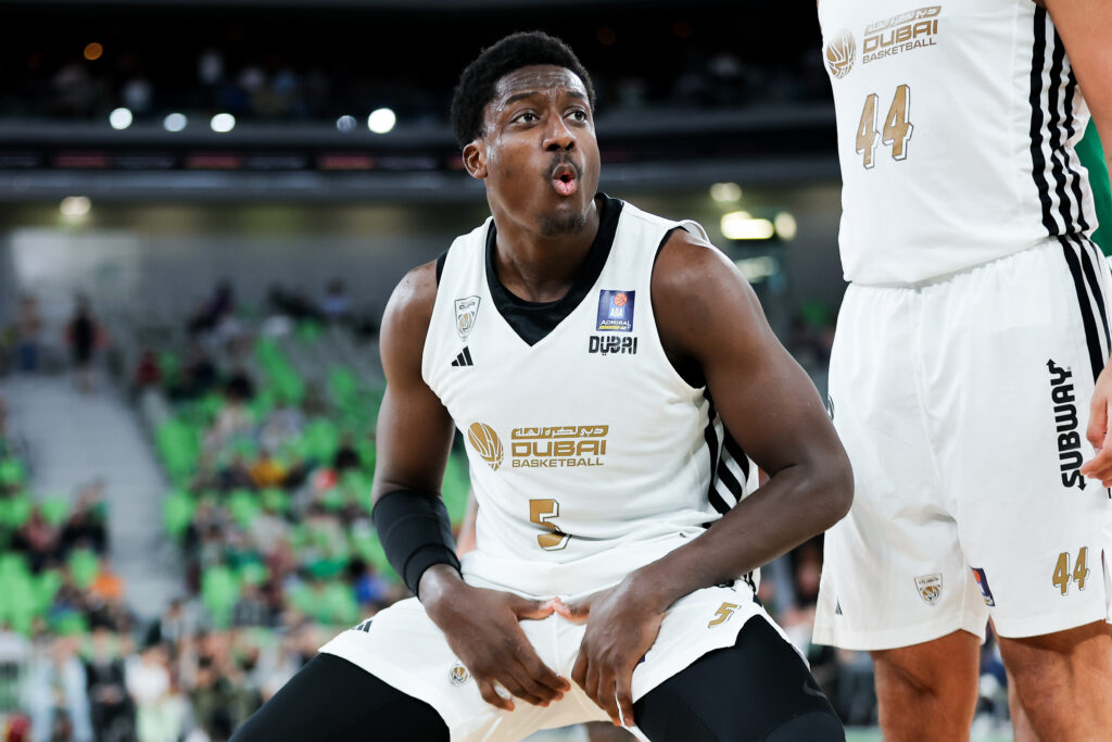 Awudu Abass in action during Second match of Quarterfinals of AdmiralBet ABA League 2024/2025 between Cedevita Olimpija Ljubljana (SLO) and Dubai (UAE) in SRC Stozice, Ljubljana, Slovenia on May 16, 2025.