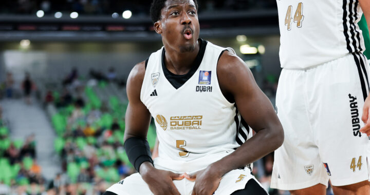 Awudu Abass in action during Second match of Quarterfinals of AdmiralBet ABA League 2024/2025 between Cedevita Olimpija Ljubljana (SLO) and Dubai (UAE) in SRC Stozice, Ljubljana, Slovenia on May 16, 2025.