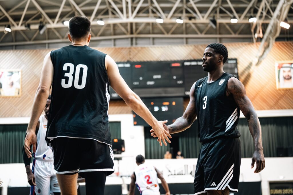 Dubai players Filip Petrušev and Dwayne Bacon at friendly game against CSKA Moscow