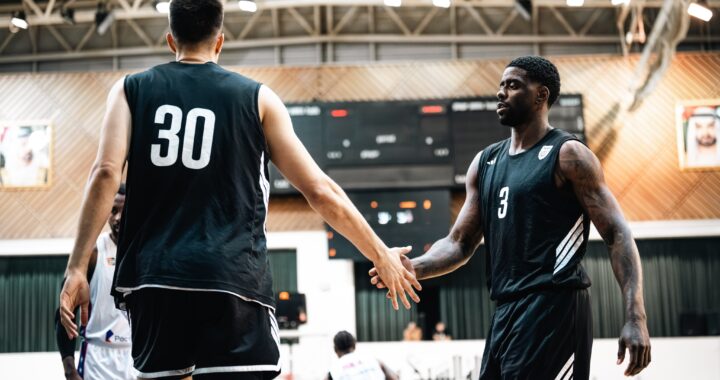 Dubai players Filip Petrušev and Dwayne Bacon at friendly game against CSKA Moscow