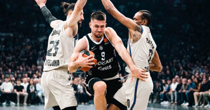 Vanja Marinković going through double team by Tornike Shengelia and Kevin Panter, KK Partizan vs Barca Basket, October 31st, 2025.