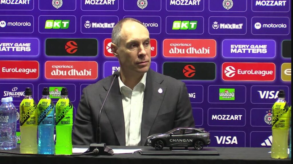 Trener KK Partizan Mirko Ocokoljić na pres konferenciji nakon utakmice sa ekipom Virtus Bolonje, 17.12.2025.