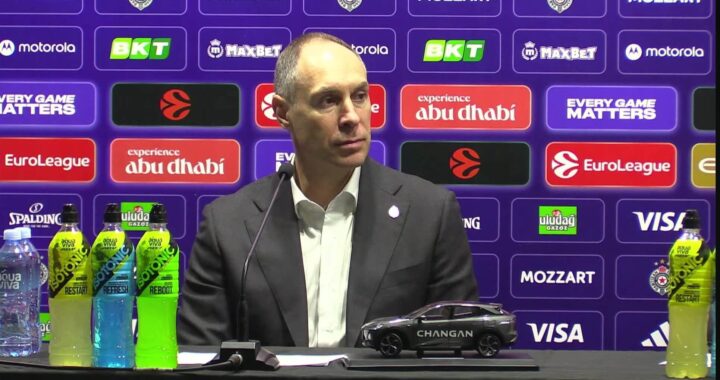 Trener KK Partizan Mirko Ocokoljić na pres konferenciji nakon utakmice sa ekipom Virtus Bolonje, 17.12.2025.
